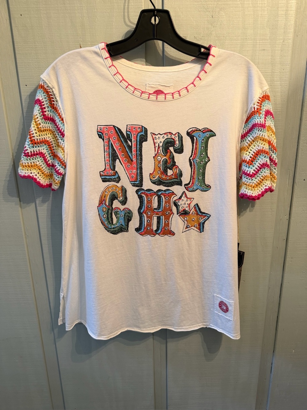 Double D Rancher Tee with Multicolor Crochet Sleeves